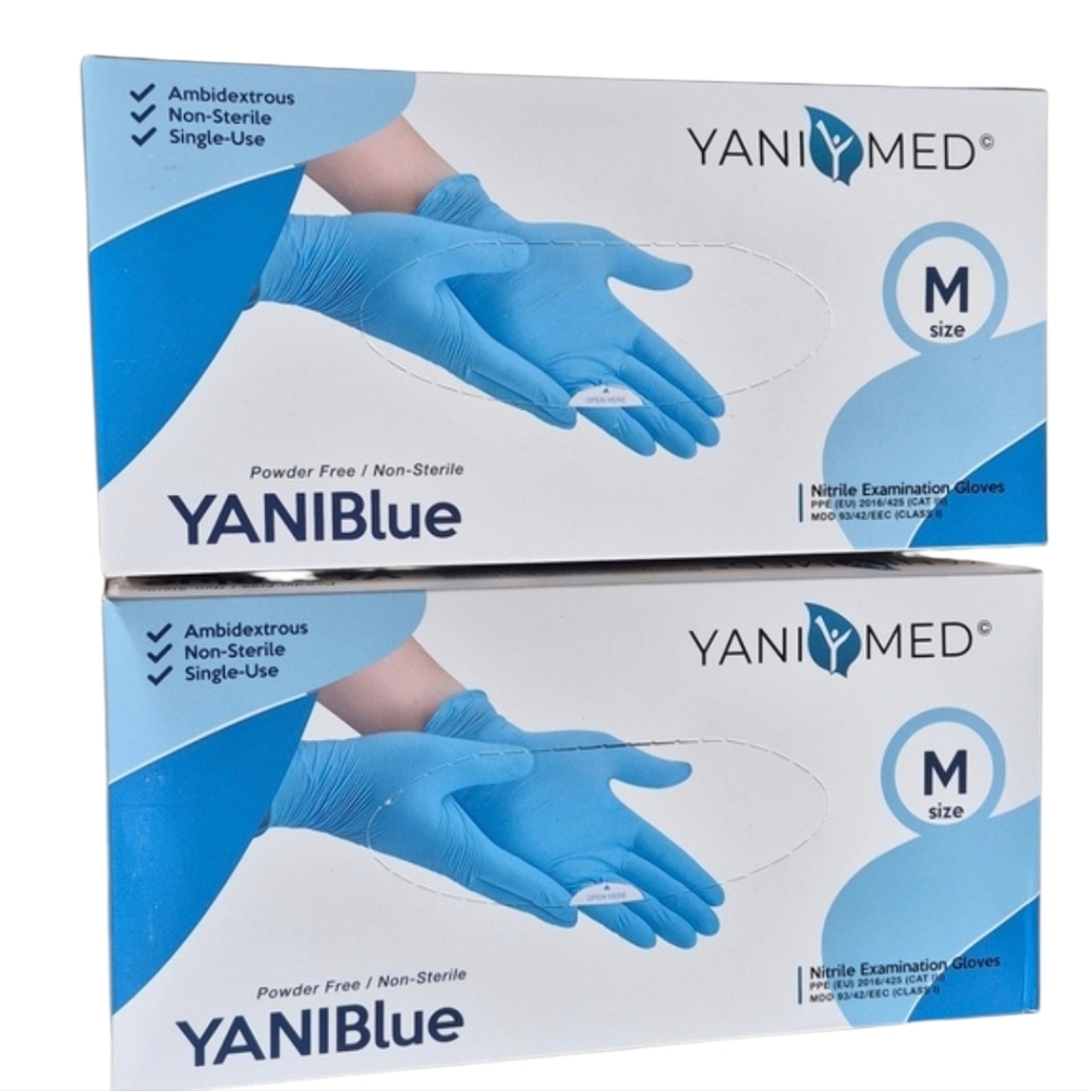 2 YANIBlue Salon Examination Essentials Blue Nitrile Gloves-100 Gloves(Med, Blue